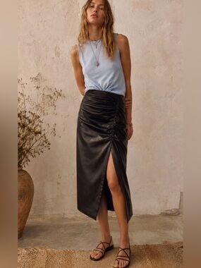 ZARA Faux Leather Black Ruched Midi Skirt| Chic Euro Inspo, Size L